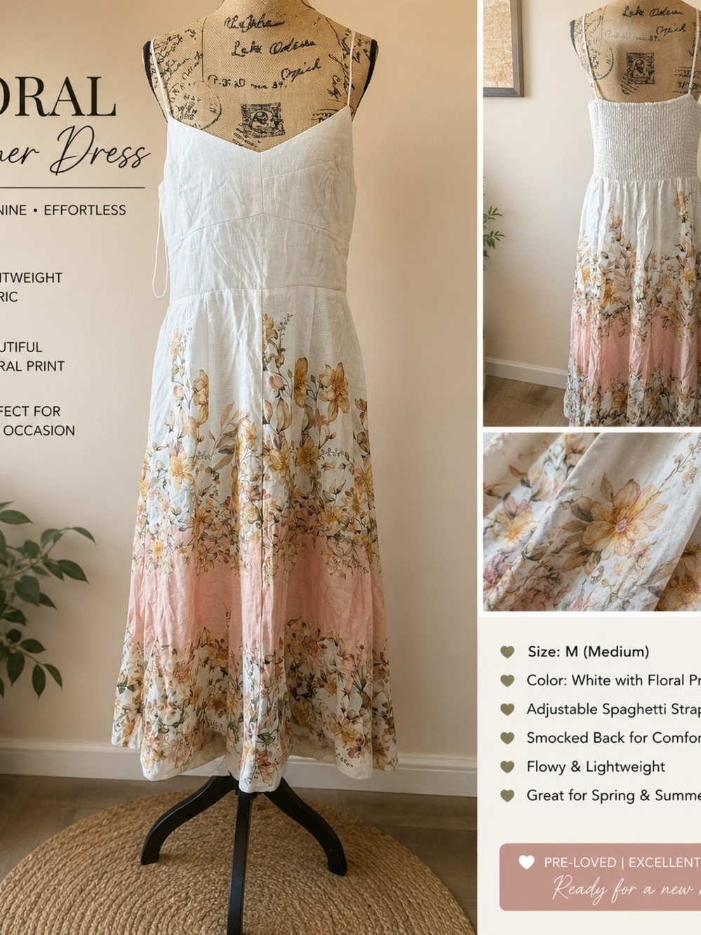 Joie White Floral Midi Dress with Pink Band